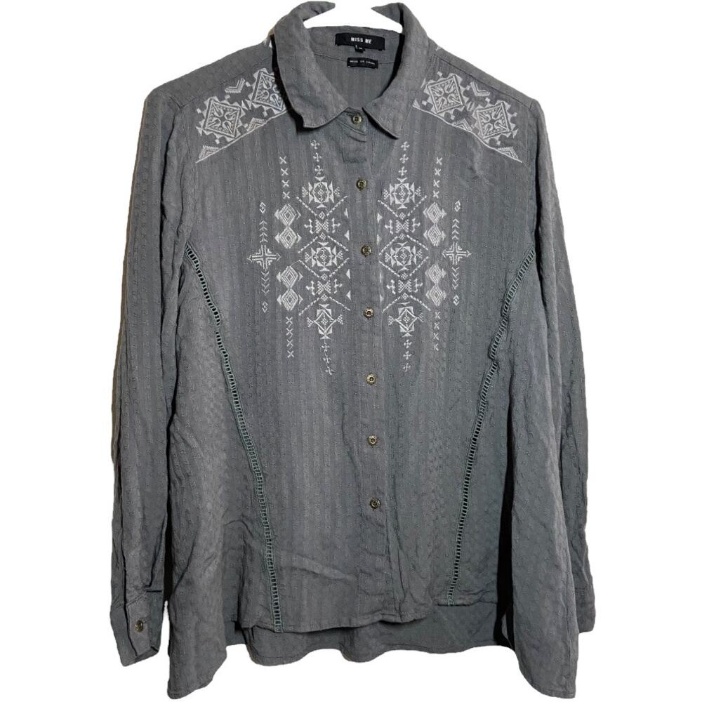 Miss Me Button Down Shirt Collared Aztec Embroidered Long Sleeve Gray Medium